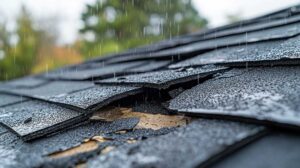A close-up of a basketball resting on residential roof shingles near a gutter line.